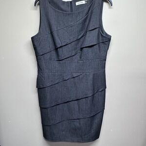 Calvin Klein Sheath Dress Charcoal Gray Tiered Ruffle Sleeveless Business Sz 12